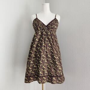 Vintage Y2K Brown Floral Babydoll Sundress Empire Waist Spaghetti Strap Lei M L